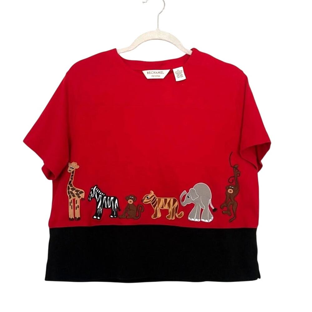 Vintage 90s Bechamel Top LP Red Black Embroidered Zoo Animals Artsy Hong Kong